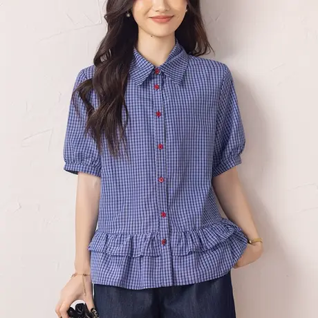 衬衫女短袖夏季新款加大码女装宽松中年妈妈气质百搭休闲格子衬衣图片