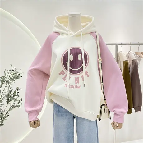 洋气撞色笑脸印花加绒加厚插肩袖卫衣女秋冬款减龄连帽衫上衣外套商品大图
