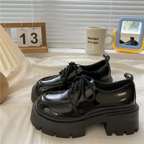 法式英伦风小皮鞋女2023新款百搭单鞋系带厚底复古粗跟黑色乐福鞋商品大图