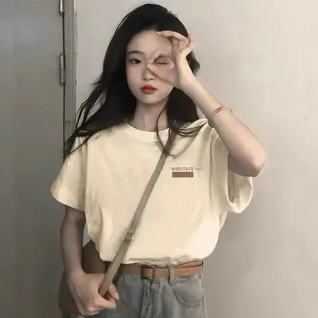 杏色落肩t恤短袖女2025年夏季新款宽松纯棉打底衫小众大版上衣潮商品大图