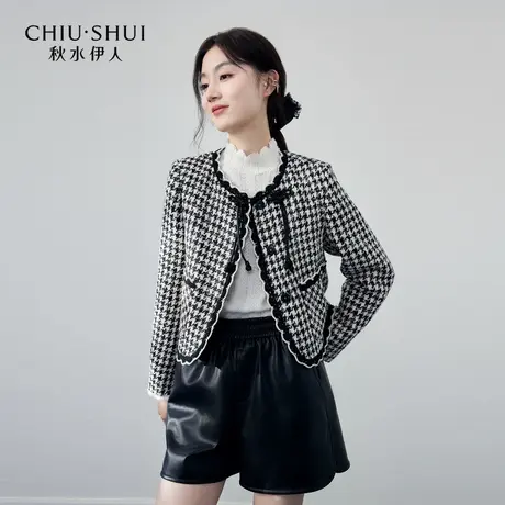 秋水伊人千鸟格圆领国风盘扣小香外套冬季2023新款女装小个子上衣图片