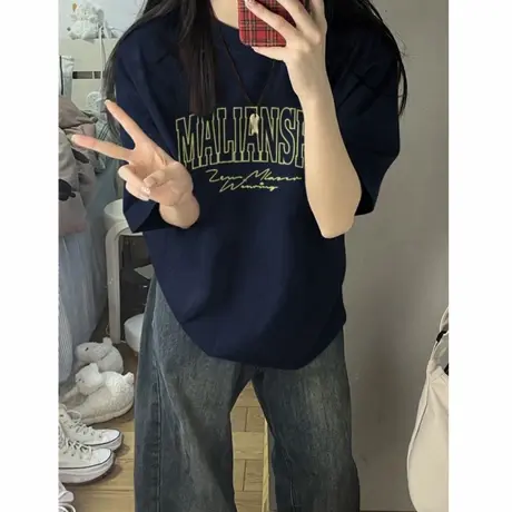 纯棉国潮美式复古字母短袖t恤女2025新款宽松潮牌oversize上衣夏商品大图