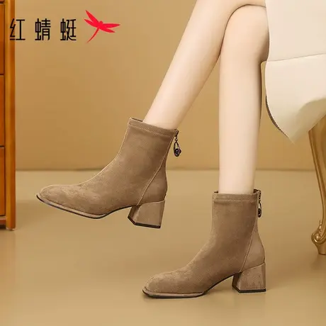 红蜻蜓女鞋2025秋冬新款绒面方头法式气质高跟瘦瘦靴粗跟马丁靴女图片