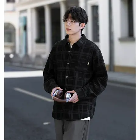 唐狮秋冬季男士衬衫长袖男士时尚百搭格纹衬衫慵懒风高级感TMTA图片