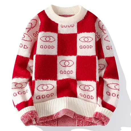 格子针织打底衫男秋冬季毛衣男士宽松线衣加厚款潮流上衣外套男装商品大图