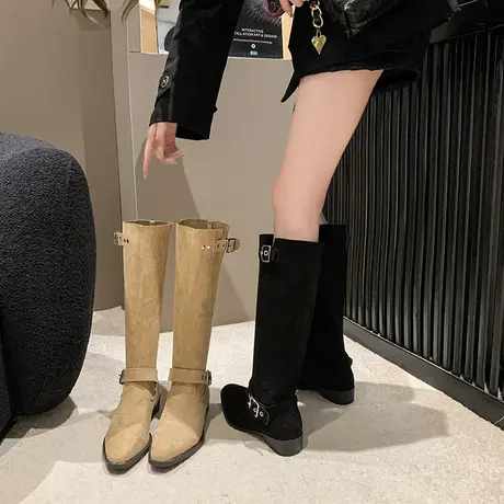 长筒靴女2023春秋季新款网红小众设计感法式瘦瘦靴粗跟绒面骑士靴图片