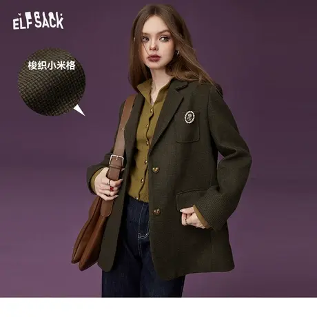 妖精的口袋复古学院风西装外套女2023冬季新款格纹休闲美拉德上衣图片