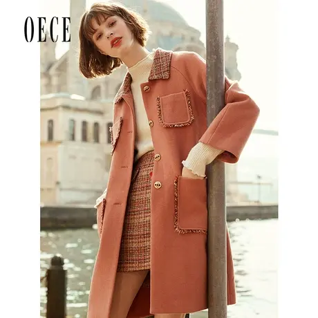 Oece秋冬新款女装 小香风复古格纹英伦中长拼接翻领大衣外套图片
