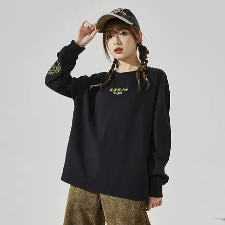 唐狮春秋新款长袖女T恤别致ins超火内搭上衣黑色打底衫虎年商品大图