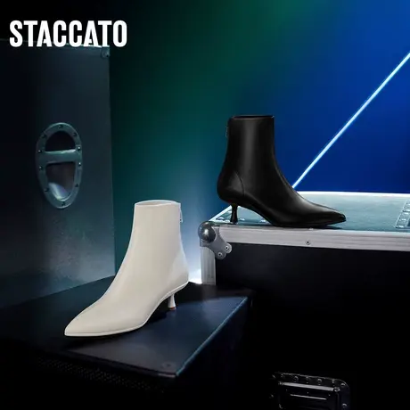 思加图新款奶油鞋气质尖头短靴女猫跟踝靴皮靴9PV95DD2B商品大图