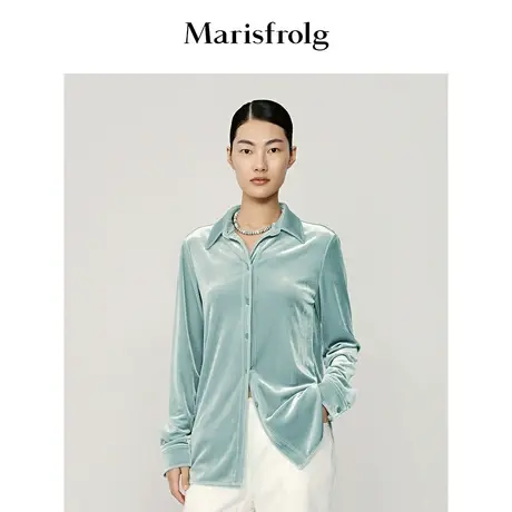【衬衫式外套】玛丝菲尔冬季新款沙绿色复古时髦丝绒质感衬衣女商品大图
