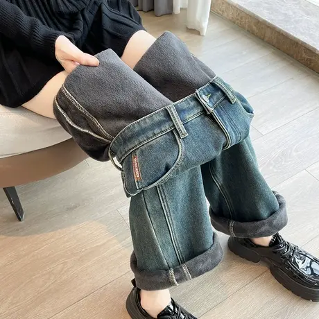 美式复古加绒阔腿牛仔裤女春秋新款高腰做旧宽松直筒窄版拖地裤子商品大图