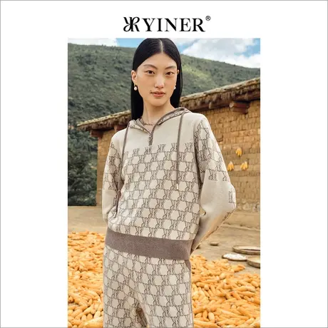 YINER音儿专柜女装2022冬季新款撞色螺纹收袖连帽羊毛针织衫套头商品大图