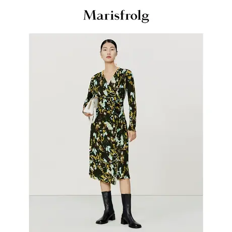 【商场同款】玛丝菲尔女装冬季新款不对称式碎花收腰羊毛连衣裙图片