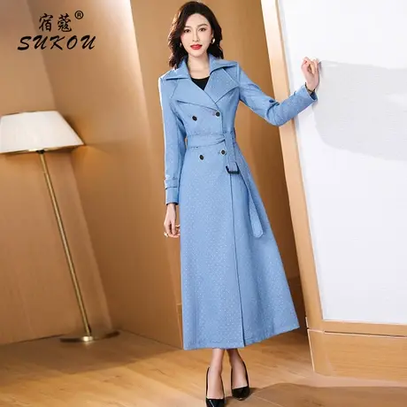 天蓝色今年流行风衣2024年秋装新款加大码气质双排扣英伦风外套女商品大图