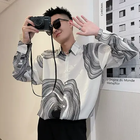 衬衫长袖春秋季新款潮牌宽松衬衣外套百搭潮流发型师指纹休闲上衣商品大图