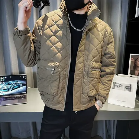 冬季菱格棉服外套男ins个性拉链口袋设计感宽松加厚潮牌冬装棉衣图片