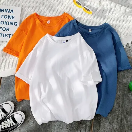 夏季纯棉短袖t恤男潮牌纯色ins港风半袖圆领宽松打底衫百搭上衣服图片