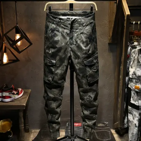 余文乐ins工装裤男小脚水洗做旧美式休闲裤子男多口袋迷彩裤潮牌商品大图