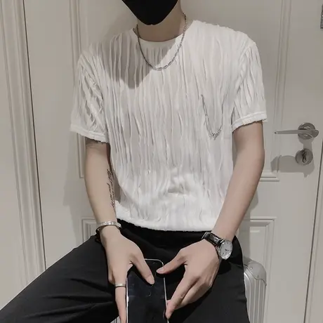 冰丝t恤男个性潮牌夏装压褶皱设计感痞帅洋气网红韩国ins半袖体恤商品大图