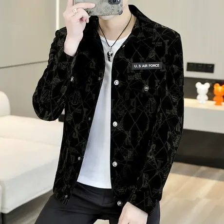 春装外套男士潮流翻领休闲灯芯绒上衣春秋款男装韩版痞帅印花夹克图片