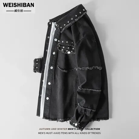 春秋季金属朋克设计感牛仔外套男黑色系美式重工毛边情侣廓形夹克商品大图