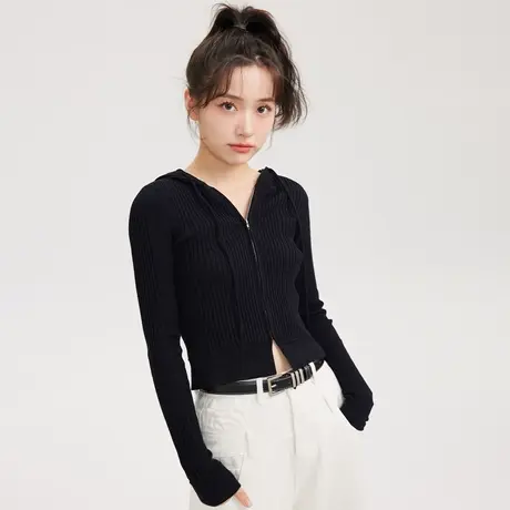 尔给早秋薄款黑色打底针织衫女2022新款连帽短款韩系chic别致上衣商品大图