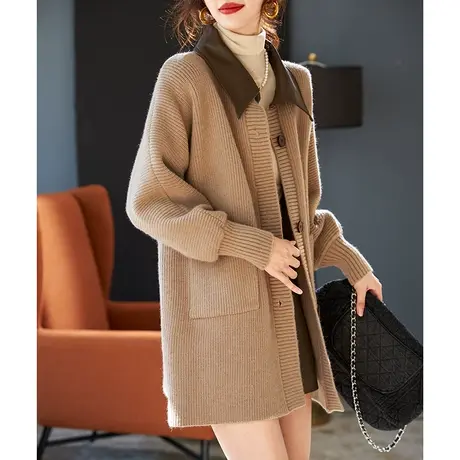 宝诗黎拼接皮质翻领针织开衫女纯色温柔上衣2023新款秋冬宽松外套商品大图