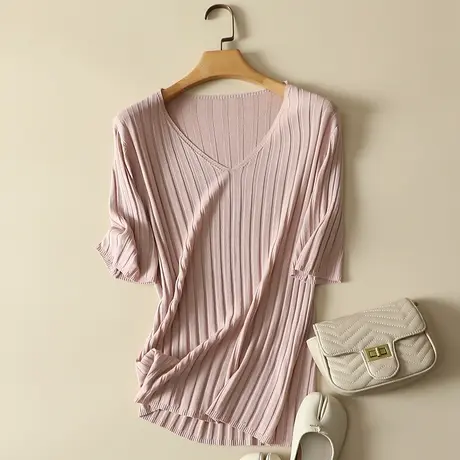 冰丝针织衫女装春装2024年新款V领宽松套头短袖t恤女打底薄款上衣商品大图