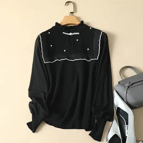 春装2024年新款雪纺袖冰丝针织衫女长袖宽松上衣洋气蕾丝打底衫女图片