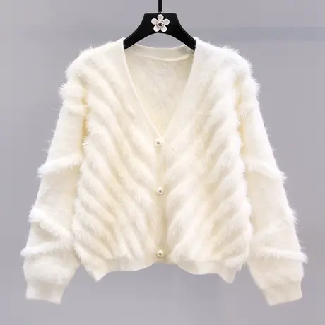 小清新软糯水貂绒毛衣外套女秋冬2023新款宽松甜美短款针织开衫商品大图