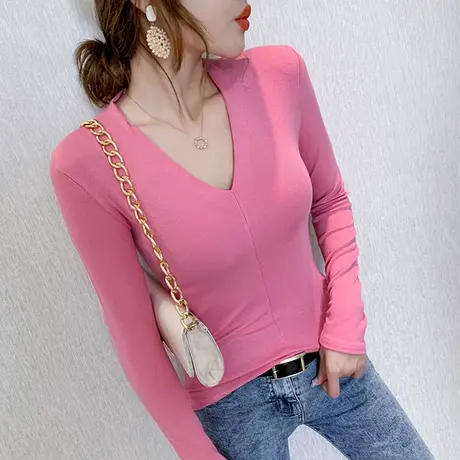 韩国深V领气质T恤女长袖修身洋气上衣棉纯色紧身内搭打底衫女春秋商品大图