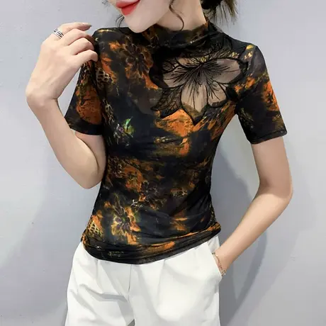 性感镂空刺绣T恤女装复古印花上衣洋气紧身内搭打底衫女短袖春秋商品大图