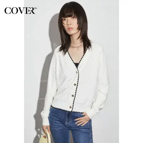 [千鸟格系列]COVER2023年早春经典同色提花羊毛混纺毛衣商品大图