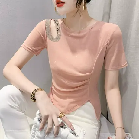 欧货镂空网纱T恤女短袖性感气质小衫时尚别致开叉设计感上衣夏商品大图