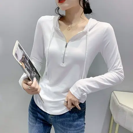 白色连帽卫衣女春秋2024新款弧形打底衫加绒设计感拉链长袖上衣女图片
