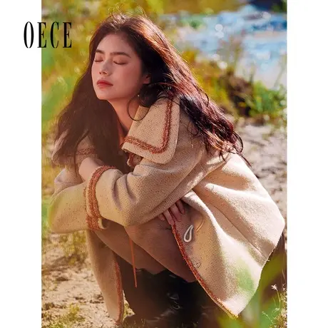 Oece复古减龄毛呢外套秋冬新款女装牛角扣毛呢子大衣短款图片