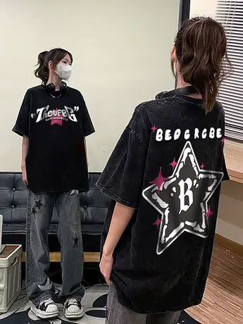 美式复古短袖t恤女夏季新款水洗做旧正肩半袖体恤设计感小众上衣图片