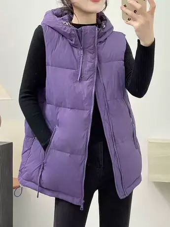 欧货纯色连帽羽绒马甲2023时尚百搭宽松休闲双拉链面包时尚外套潮商品大图