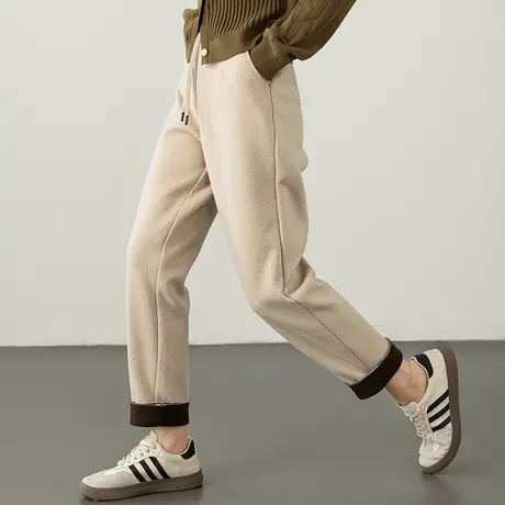 秋冬休闲裤女2024新款毛呢裤子冬季加绒显瘦小个子九分运动哈伦裤商品大图