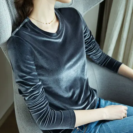 雀后秋季新款金丝绒长袖T恤女小衫黑色洋气打底衫内搭气质上衣商品大图