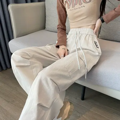 白色美式工装裤女春秋2024新款阔腿休闲登山裤高腰显瘦束脚运动裤图片