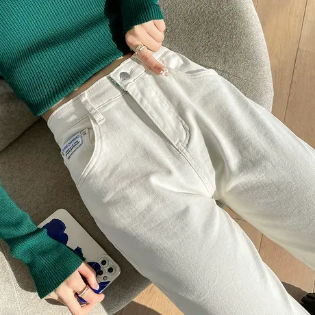 白色直筒牛仔裤女2023年春秋新款高腰宽松显瘦ins百搭九分烟管裤图片