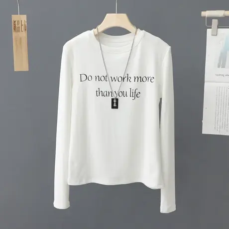 2023春秋新款纯棉印花字母上衣女内搭显瘦圆领打底T恤衫外穿体恤商品大图