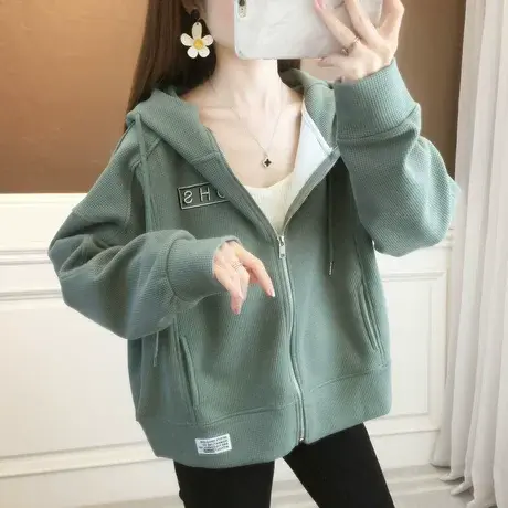 华夫格外套女春秋季韩版宽松设计感小众森系薄款小个子开衫卫衣潮商品大图