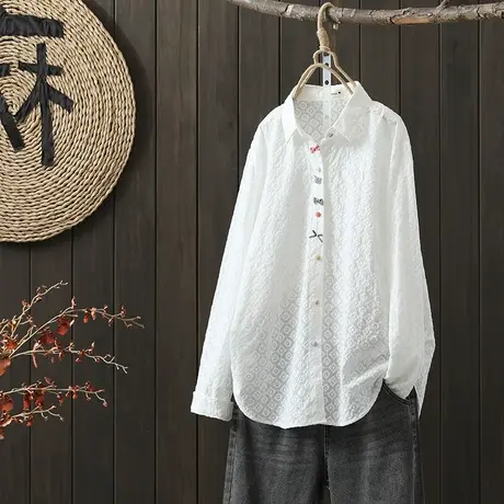 枫谜2022年秋季新款简约文艺刺绣衬衫蝴蝶结扣子个性百搭衬衣图片