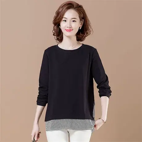 秋季加大码女装宽松全棉T恤女长袖打底衫中长款假两件套女上衣商品大图