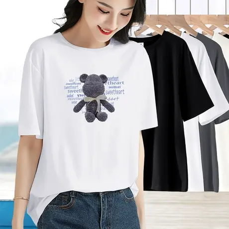 白色短袖t恤女装2025年新款夏宽松小熊印花上衣女小圆领半袖体恤商品大图
