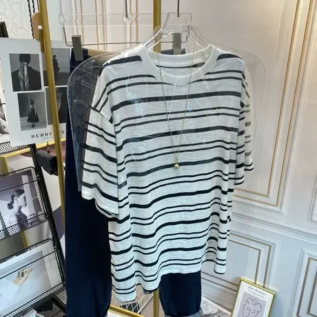 复古条纹宽松t恤女欧货大版休闲慵懒风韩版洋气潮ins短袖上衣夏季商品大图