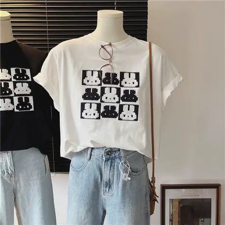 短袖T恤女2024夏季新款宽松显瘦百搭卡通刺绣国潮牌上衣纯棉半袖商品大图